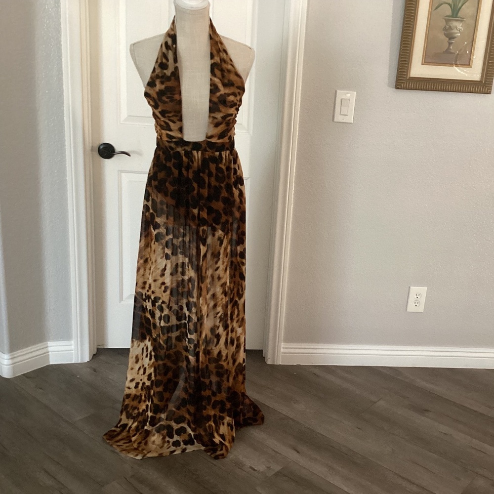 Shop 17 Leopard Design Dress, Size Small, Color Black,Brown, Beige